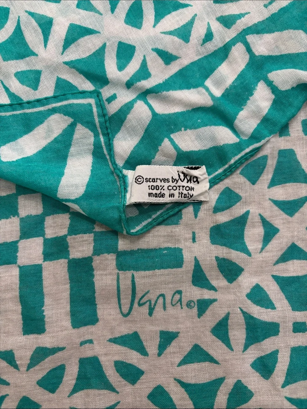 Turquoise and White Geometric Square Scarf 100% Cotton